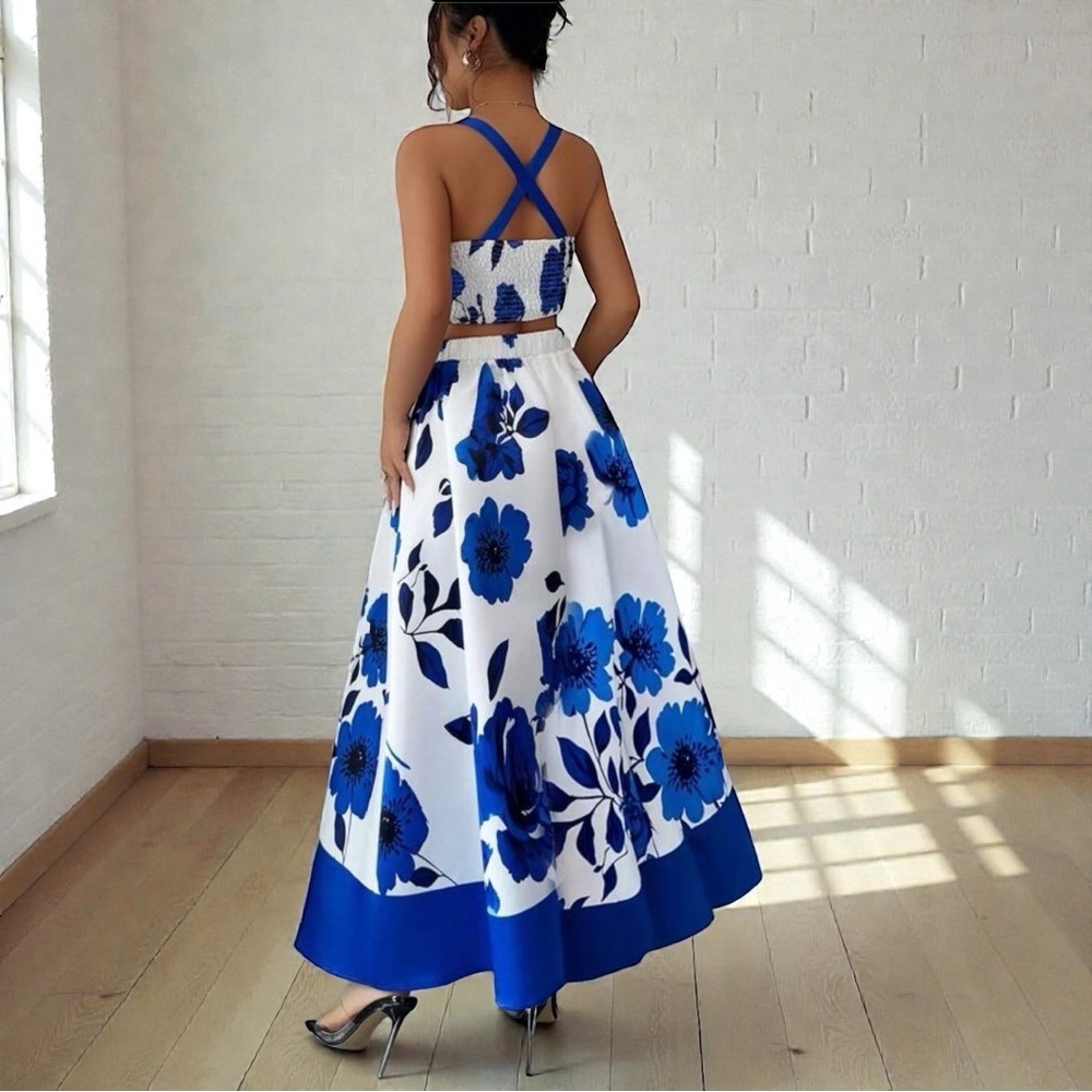 New Satin Floral Crop Top & Skirt 2-Piece Set Outfit Blue & White XL - Picture 2 of 7